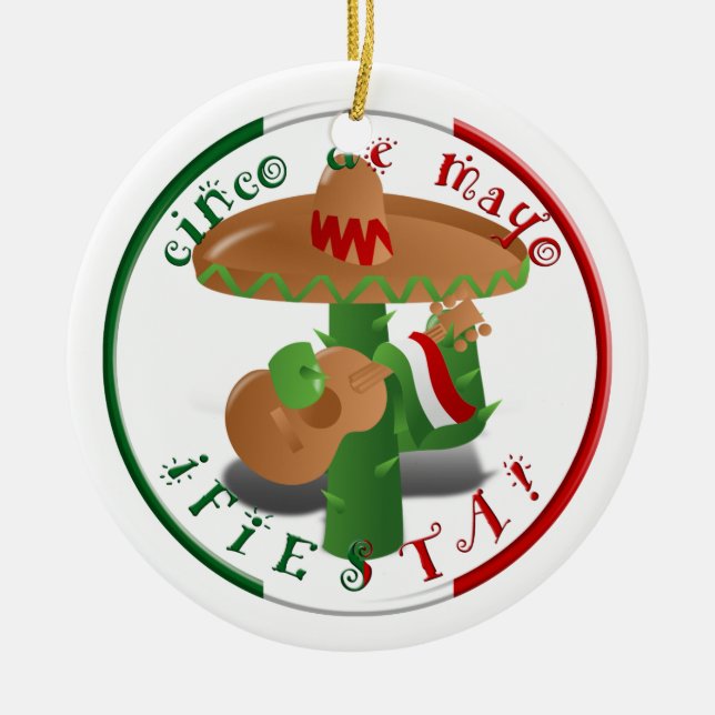 Cinco De Mayo Fiesta!  Cactus with Sombrero Ceramic Tree Decoration (Front)