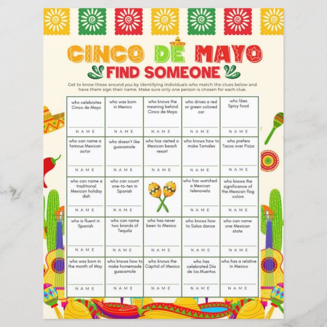Cinco de Mayo Find Someone Printable Game 8.5x11 (Front)