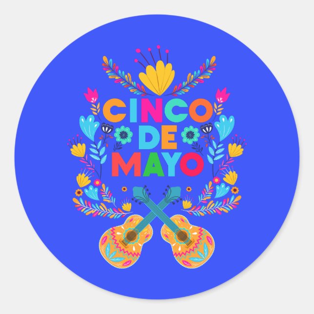 Cinco De Mayo flowers and Guitars  Classic Round Sticker (Front)