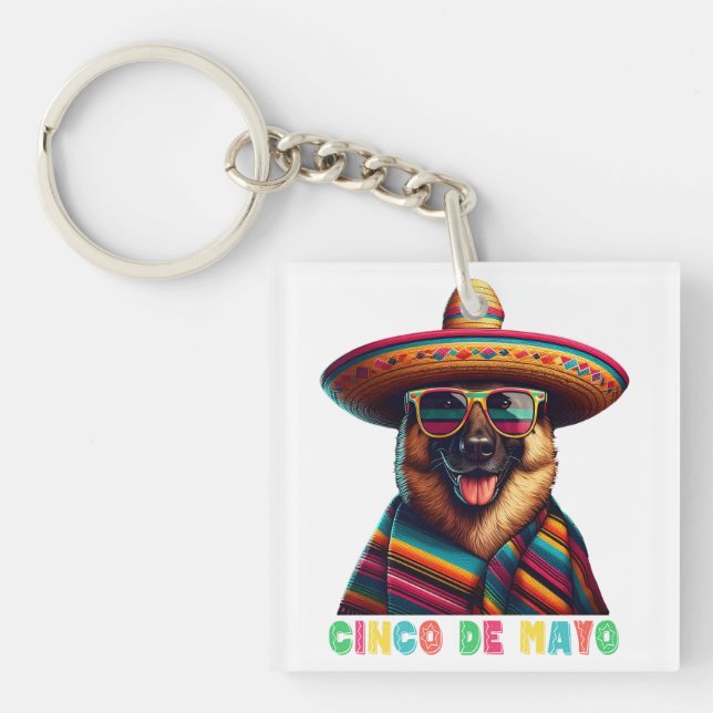 Cinco De Mayo German Shepherd With Poncho Sombrero Key Ring (Front)