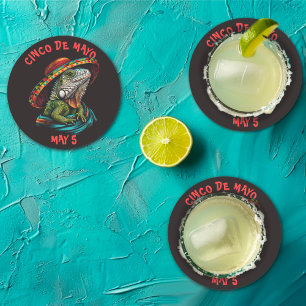 Cinco de Mayo Iguana Wearing Sombrero & Serape Round Paper Coaster