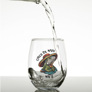 Cinco de Mayo Iguana Wearing Sombrero & Serape Stemless Wine Glass