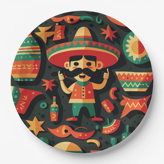 Cinco de Mayo. Mexican bright cartoon pattern  Paper Plate (Front)