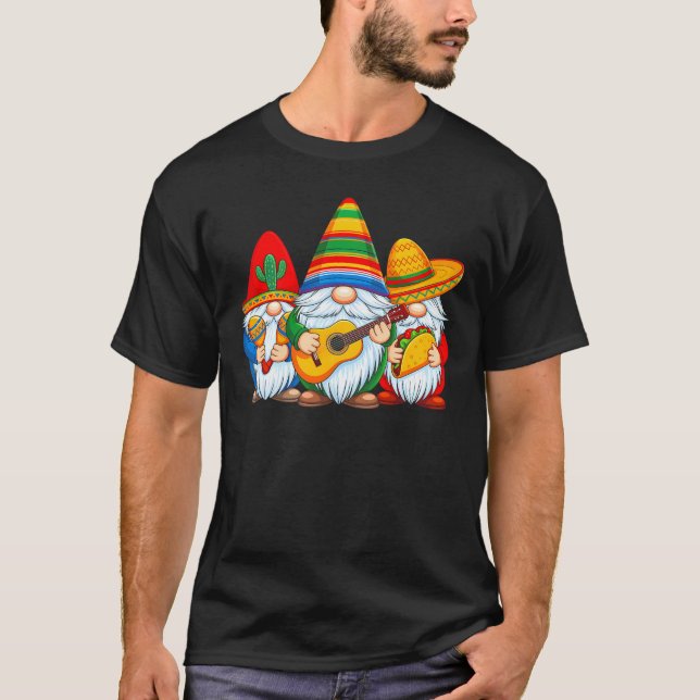 Cinco de Mayo Mexican Gnomes Taco Guitar Funny  T-Shirt (Front)