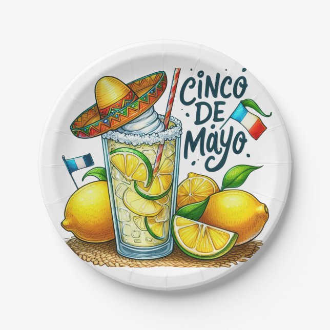 Cinco de Mayo Mexican Hat, Lemons, Limes Paper Plate (Front)