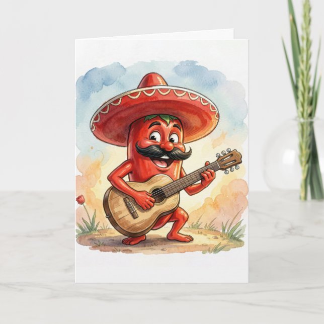 Cinco de Mayo Red Chili Pepper Guitarist Card (Front)