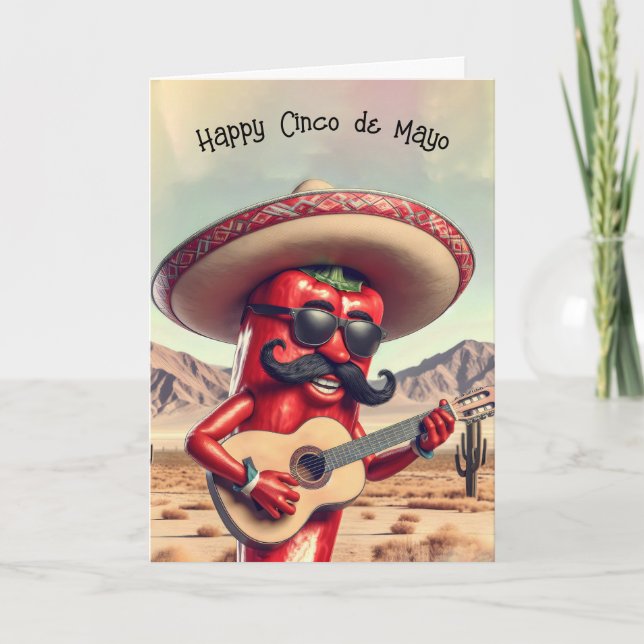 Cinco de Mayo Red Chilli Pepper Guitarist Card (Front)