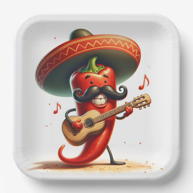 Cinco de Mayo Red Chilli Pepper Musician Paper Plate (Front)