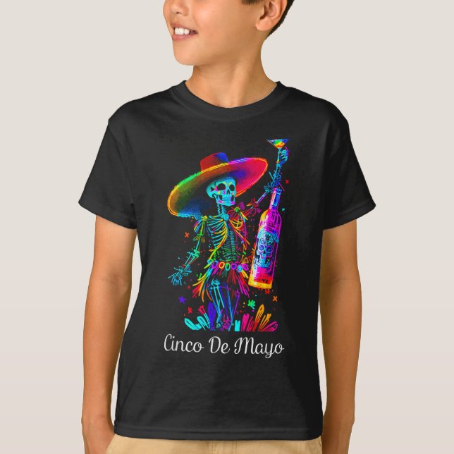 Cinco De Mayo Skeleton Colourful Sugar Skull Tequi T-Shirt (Front)