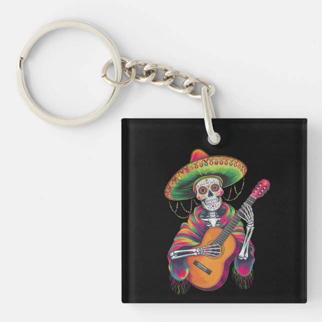 Cinco De Mayo Skeleton Skull Fiesta Guitar Key Ring (Front)