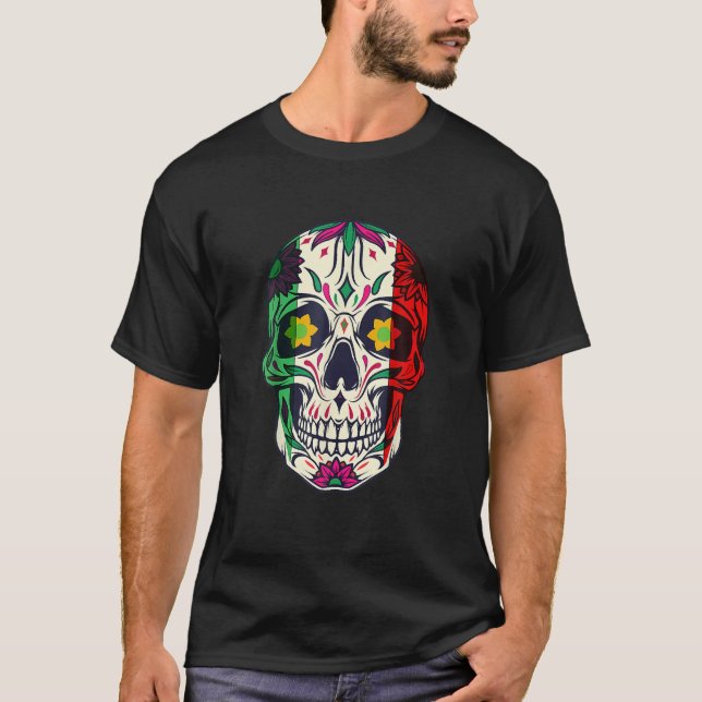 Cinco De Mayo Sugar Skull Mexican Flag Stripes Cal T-Shirt (Front)