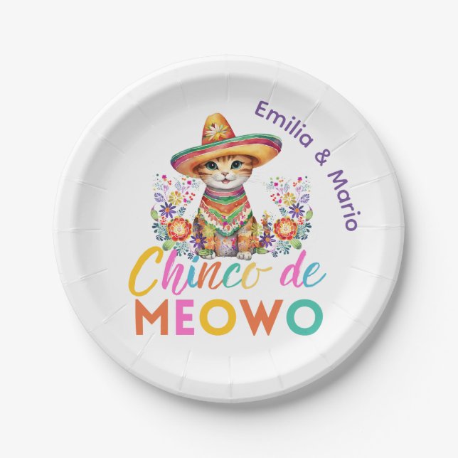Cinco De Meowo Cute Cat Fiesta Party Custom Paper Plate (Front)
