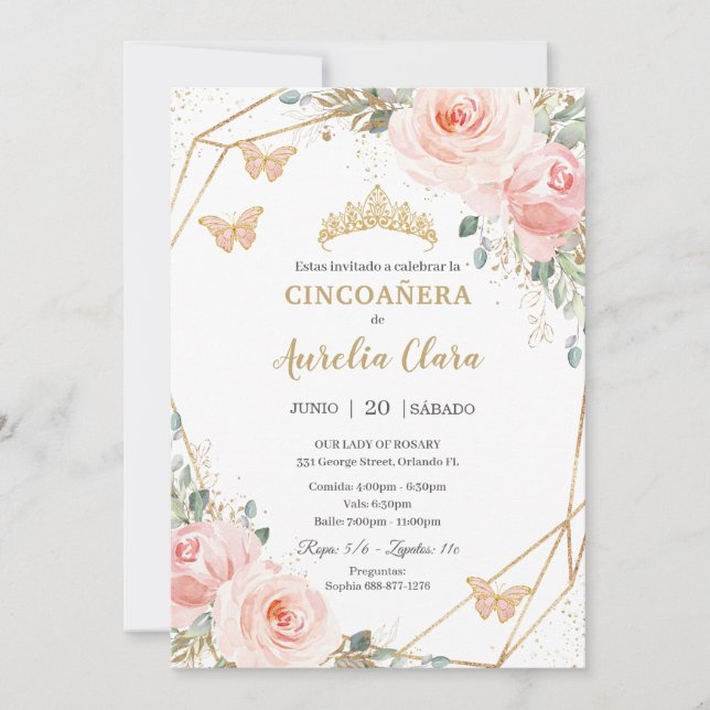Cincoañera Blush Pink Floral Butterflies Princess  Invitation (Front)