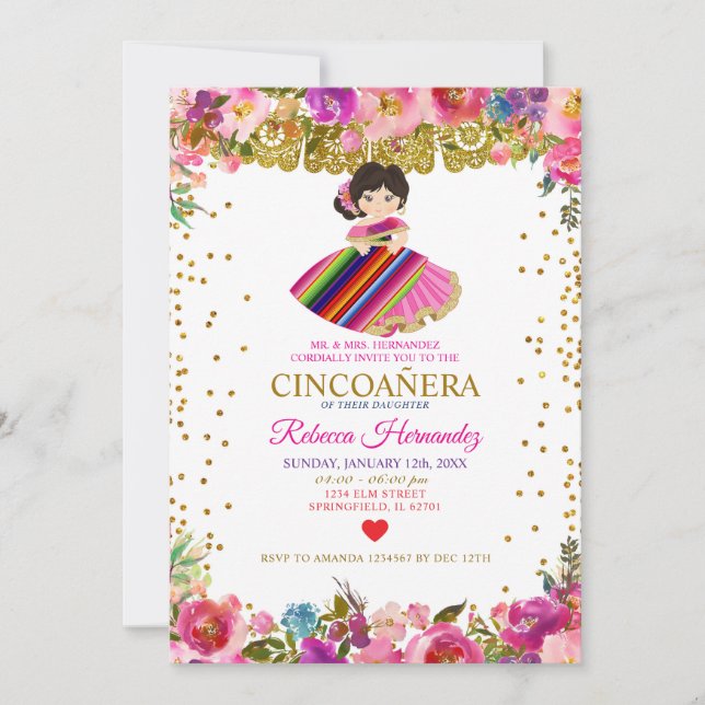CINCOAÑERA Royal Pink Mexican Girl Invitation (Front)