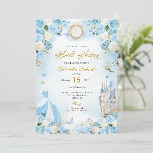 Cinderella Blue Fairytale Princess Sweet Sixteen Invitation (Standing Front)