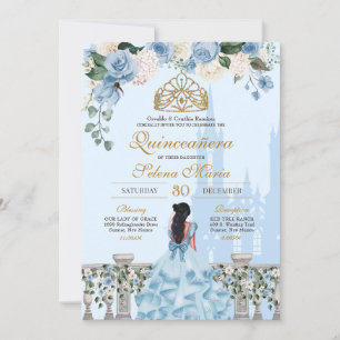 Cinderella Blue & Gold Floral Princess Quinceanera Invitation