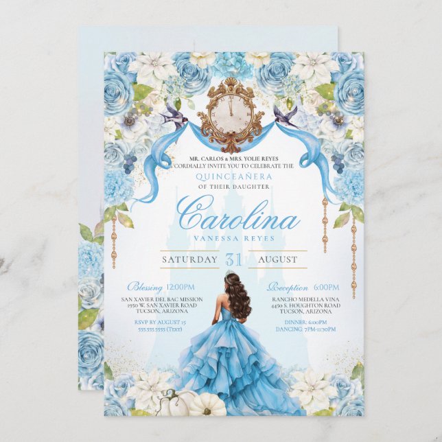 Cinderella Blue Gold Luxury Princess Quinceanera Invitation (Front/Back)