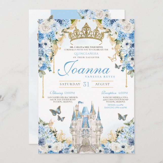 Cinderella Blue Gold Princess Castle Quinceanera Invitation (Front/Back)