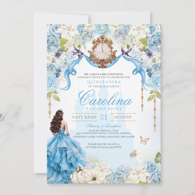 Cinderella Blue & Gold Princess Luxury Quinceanera Invitation (Front)