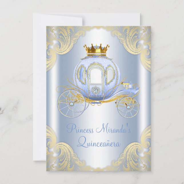 Cinderella Blue Gold Princess Quinceanera Invitation (Front)