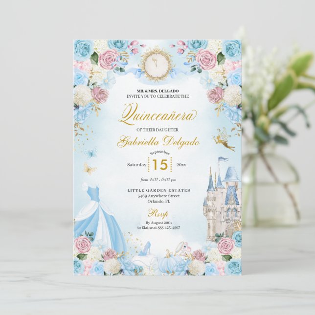 Cinderella Blue & Pink Fairytale Quinceanera Invitation (Standing Front)