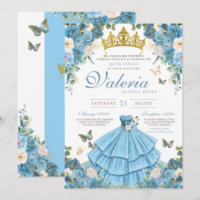Cinderella Blue Rose Butterfly Princess Birthday Invitation (Front/Back)