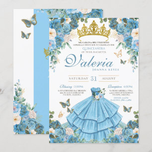 Cinderella Blue Rose Butterfly Princess Birthday Invitation