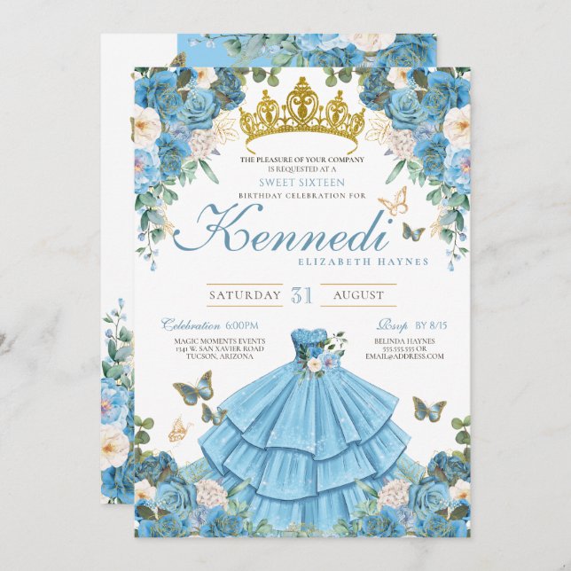 Cinderella Blue Rose Butterfly Princess Sweet 16 Invitation (Front/Back)