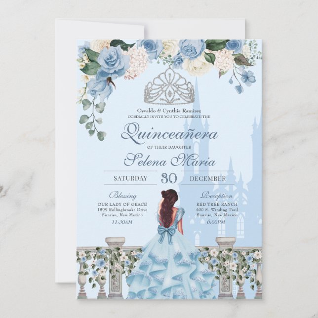 Cinderella Blue Rose Silver Princess Quinceañera Invitation (Front)