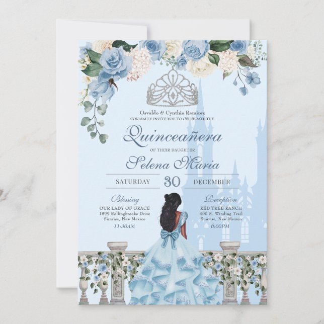 Cinderella Blue Rose Silver Princess Quinceañera Invitation (Front)
