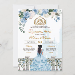 Cinderella Blue Roses & Gold Princess Quinceañera Invitation