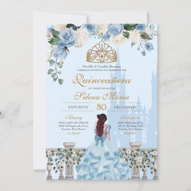 Cinderella Blue Roses & Gold Princess Quinceanera Invitation (Front)