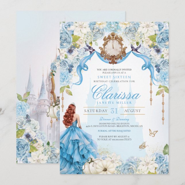 Cinderella Blue Royal Sweet 16 Princess Birthday  Invitation (Front/Back)