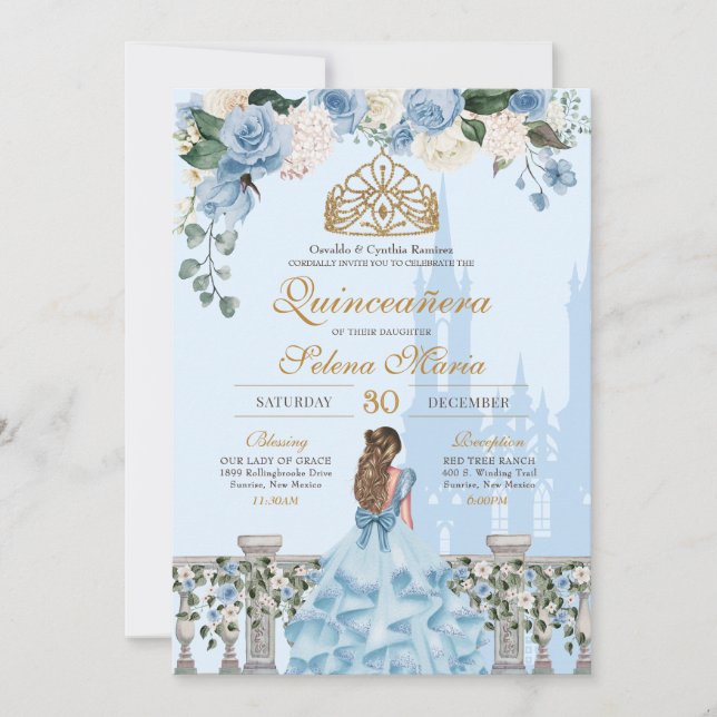 Cinderella Blue w Gold Floral Princess Quinceanera Invitation (Front)