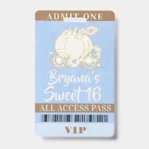 Cinderella Carriage Blue Gold Sweet 16 VIP Pass ID Badge
