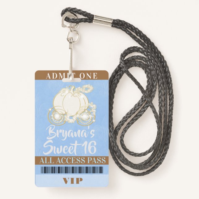 Cinderella Carriage Blue Gold Sweet 16 VIP Pass ID Badge (Front with Lanyard)