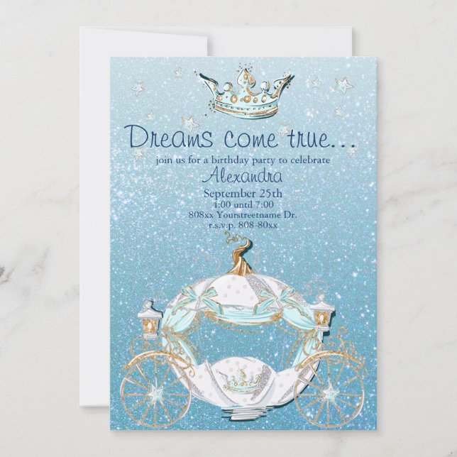 Cinderella Fairy Tale Blue and Gold Glitter Invitation (Front)