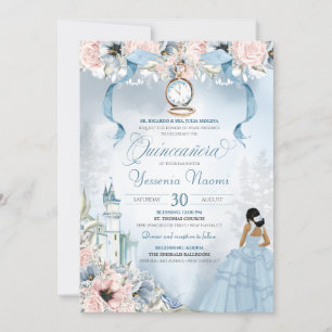 Cinderella Fairy Tale Blue Pink Floral Quinceanera Invitation