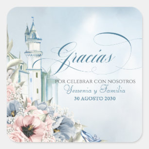 Cinderella Fairy Tale Blue Pink Spanish Favor Square Sticker