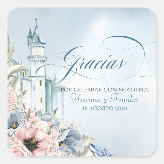 Cinderella Fairy Tale Blue Pink Spanish Favour Square Sticker (Front)