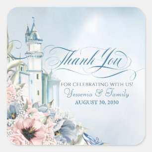 Cinderella Fairy Tale Light Blue Pink Thank You Square Sticker