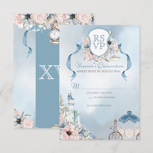 Cinderella Fairytale Elegant Blue Pink Quinceanera RSVP Card (Front/Back)