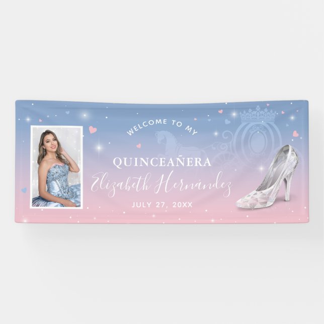 Cinderella Light Blue and Pink Birthday Photo Banner (Horizontal)