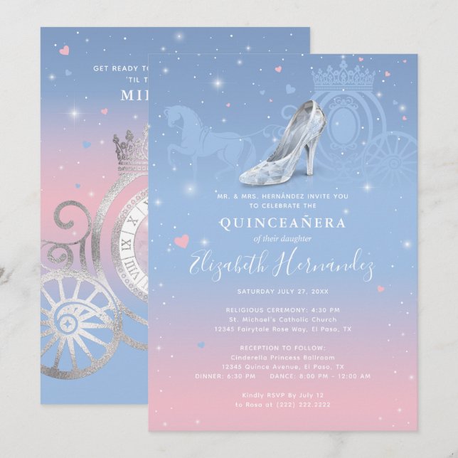 Cinderella Light Blue and Pink Quinceanera Invitation (Front/Back)
