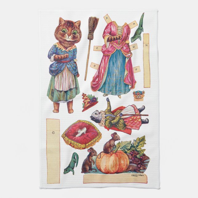 Cinderella, Paper Doll, Louis Wain Tea Towel (Vertical)