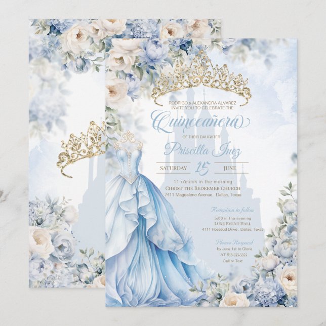 Cinderella Princess Blue Fairytale Quinceañera Invitation (Front/Back)