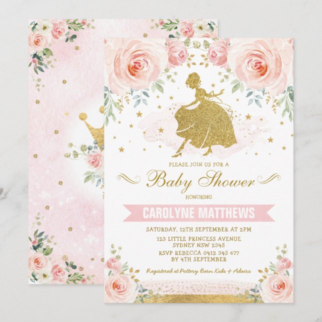 Cinderella Princess Blush Floral Girl Baby Shower Invitation (Front/Back)