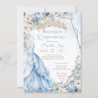 Cinderella Princess Light Blue Gold Quinceañera Invitation