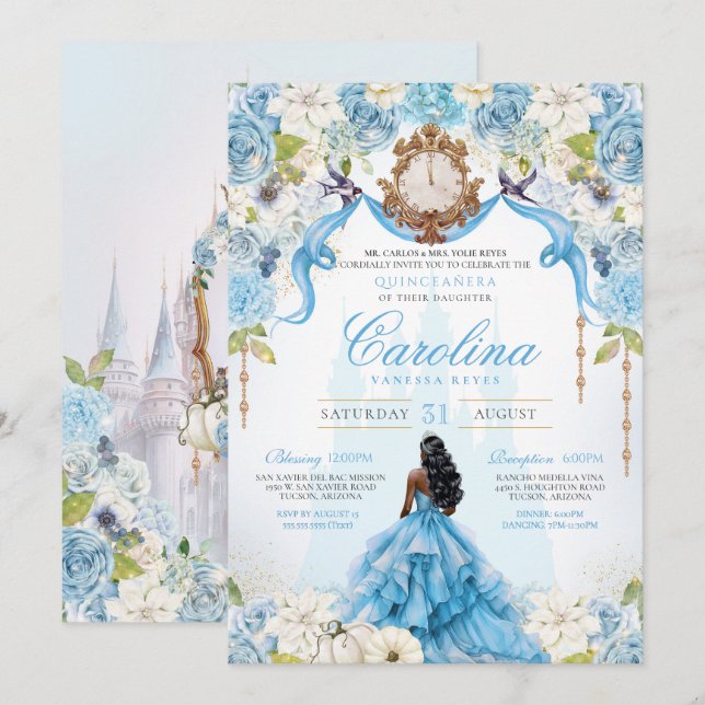 Cinderella Quinceañera Blue Gold Luxury Birthday Invitation (Front/Back)