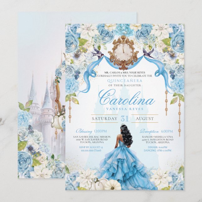 Cinderella Quinceañera Blue Gold Luxury Birthday Invitation (Front/Back)